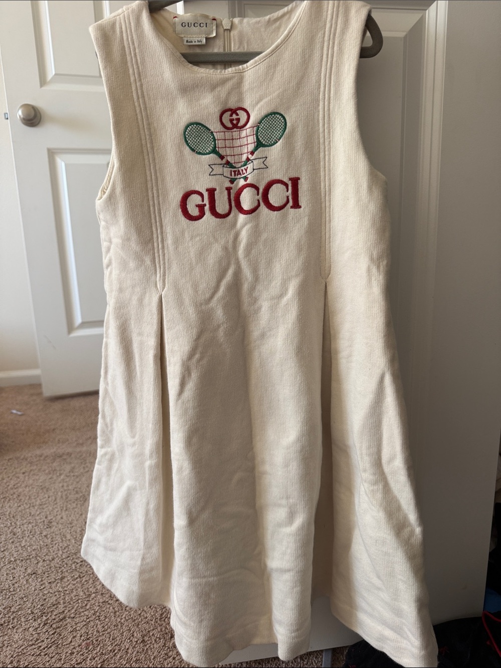 Gucci Cream Sleeveless Logo Tennis Dress with Red and Green Embroidery